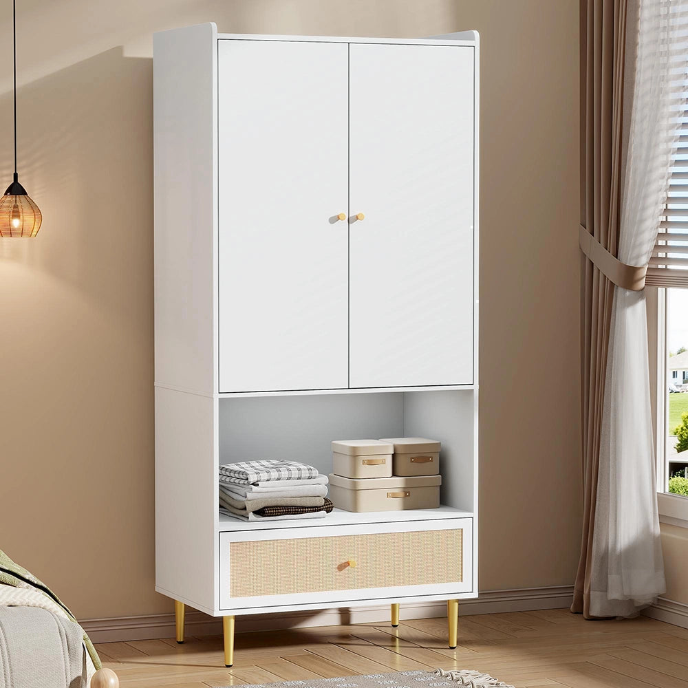 Armadio da camera a 2 ante - Xylo - 80x48x175 cm - Bianco - Cassetto in rattan e appendiabiti
