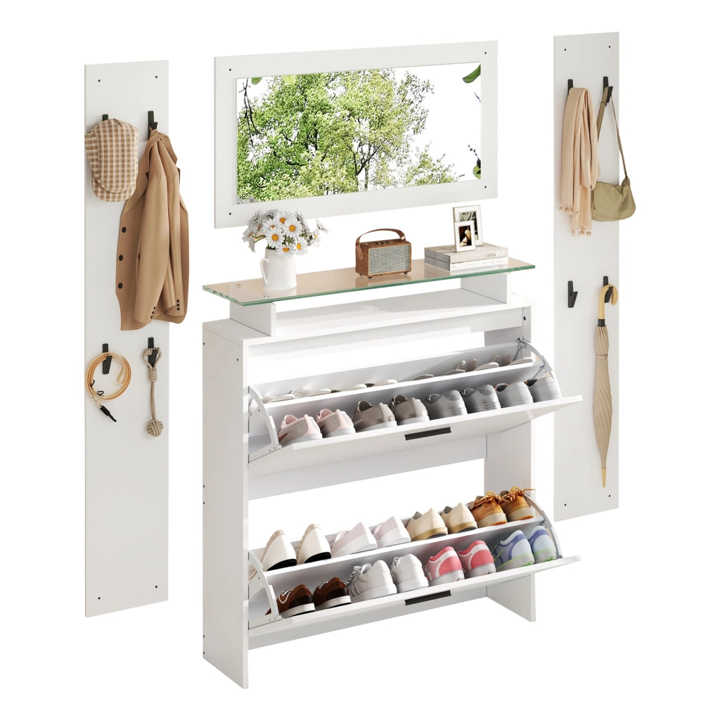 Set Guardaroba Ingresso 4 Pezzi Bianco 89;5×23×96;5 cm con Specchio; Scarpiera Lucida e 8 Ganci