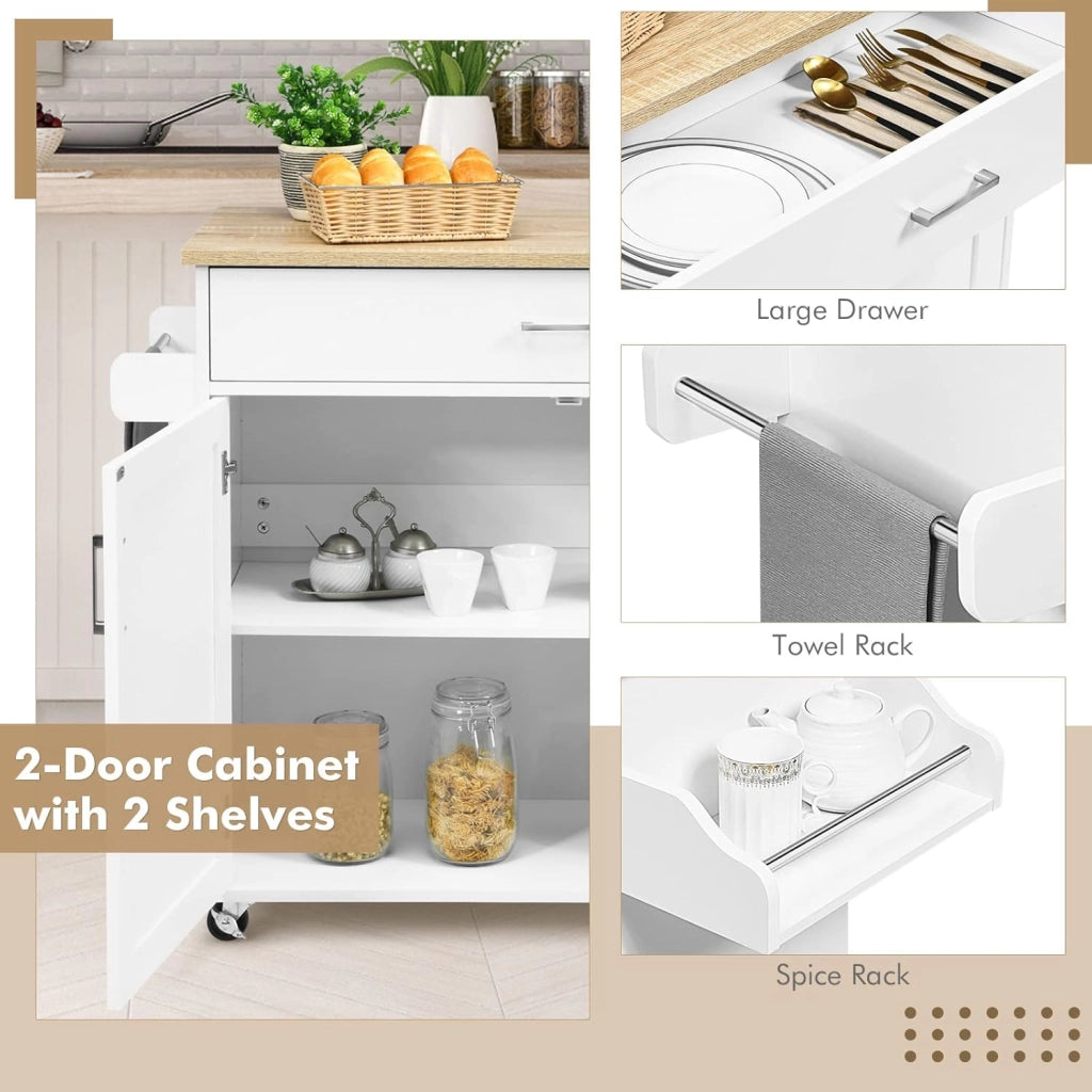 Carrello da Cucina in Legno con Cassetto su Ruote, Armadio da Cucina con Piano di Lavoro, Carrello da Cucina in Stile Rustico, Bianco