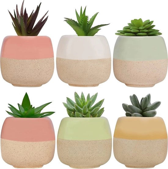 Mini vasi ceramici per piante (6 pezzi) - Adatti per piante grasse e cactus - Set di vasi per piante con fori - Adatti per casa, ufficio, interni ed esterni - Decorazione per giardino