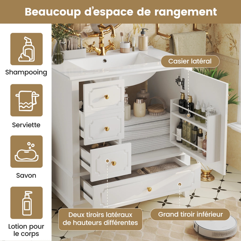 Mobile Sottolavabo con Lavabo in Ceramica ¨C MINIMAL ¨C Bianco, Maniglie Oro, 76.5cm