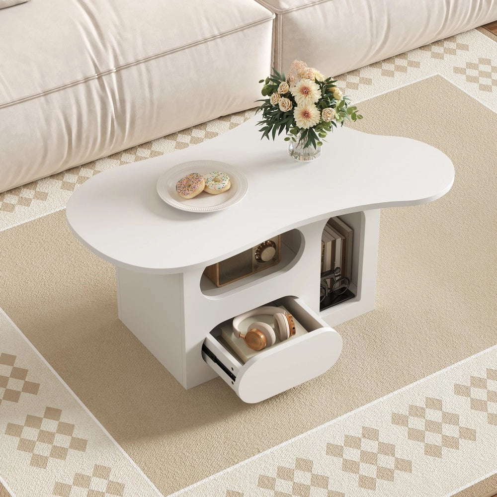 Tavolino da Caff¨¨ a Forma di Nuvola con Cassetti e Ripiano ¨C MINIMAL ¨C 97x45x43,5 cm