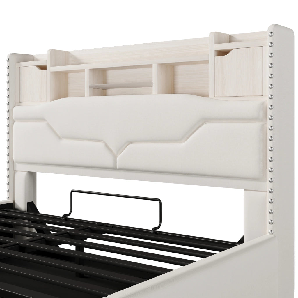 OKWISH Letto Contenitore 160×200 cm, Letto Matrimoniale con USB e Tipo C, LED Regolabile e Vano Contenitore, senza Materasso, in Lino, Beige
