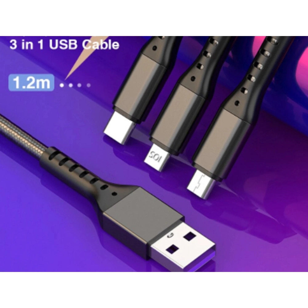 Trade Shop - Cavo Dati 3in1 Ricarica Rapida 5.1a Da Usb A Micro Usb Type-c Lightning Da 1,2mt Q-sj665 -