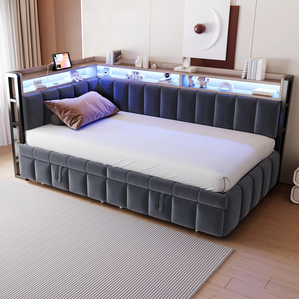Divano letto con letto estraibile, luci LED e vani portaoggetti, porte USB e USB-C integrate, in velluto grigio scuro