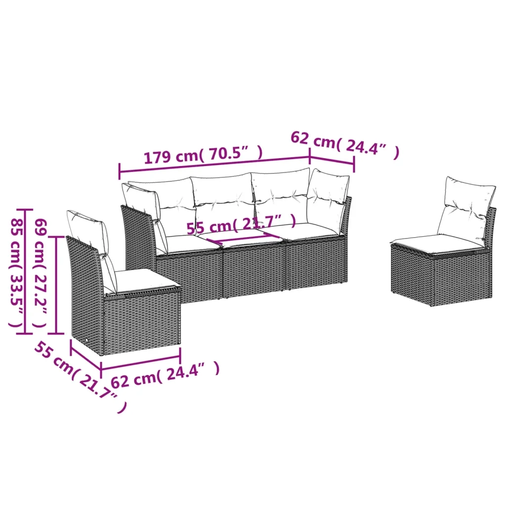 Set Divano da Giardino 5 pz con Cuscini Grigio in Polyrattan 3249189