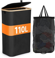 Asciugatrice Portatile con Coperchio 110 L, Contenitore per Raccogliere Spazzatura, Asciugatrice Portatile Ripiegabile, Raccoglitore di Spazzatura con Tasca Interna Rimovibile e Lavabile, Contenitore per Rifiuti con Statere, Nero