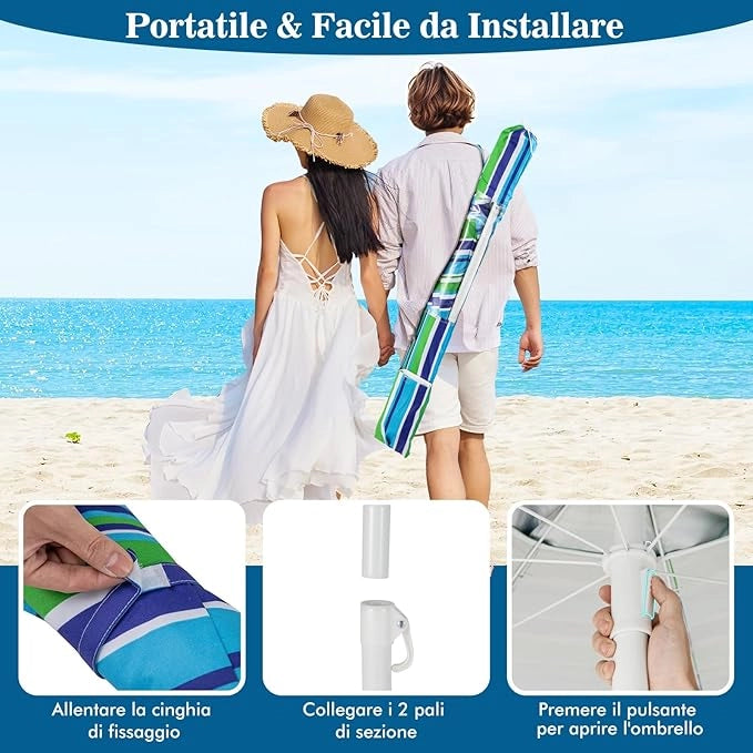 Ombrellone da Spiaggia 200 x 220 cm, Ombrellone da Mare con Inclinazione Regolabile, con Vassoio, 8 Stecche, Protezione UV, Impermeabile, Borsa di Trasporto (Verde)