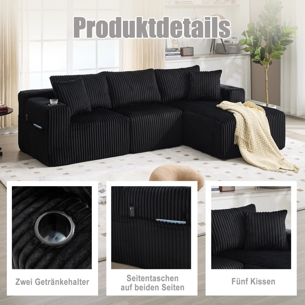 DIVANO modulare con chaise longue e 2 posti 257x90-160x62 cm nero