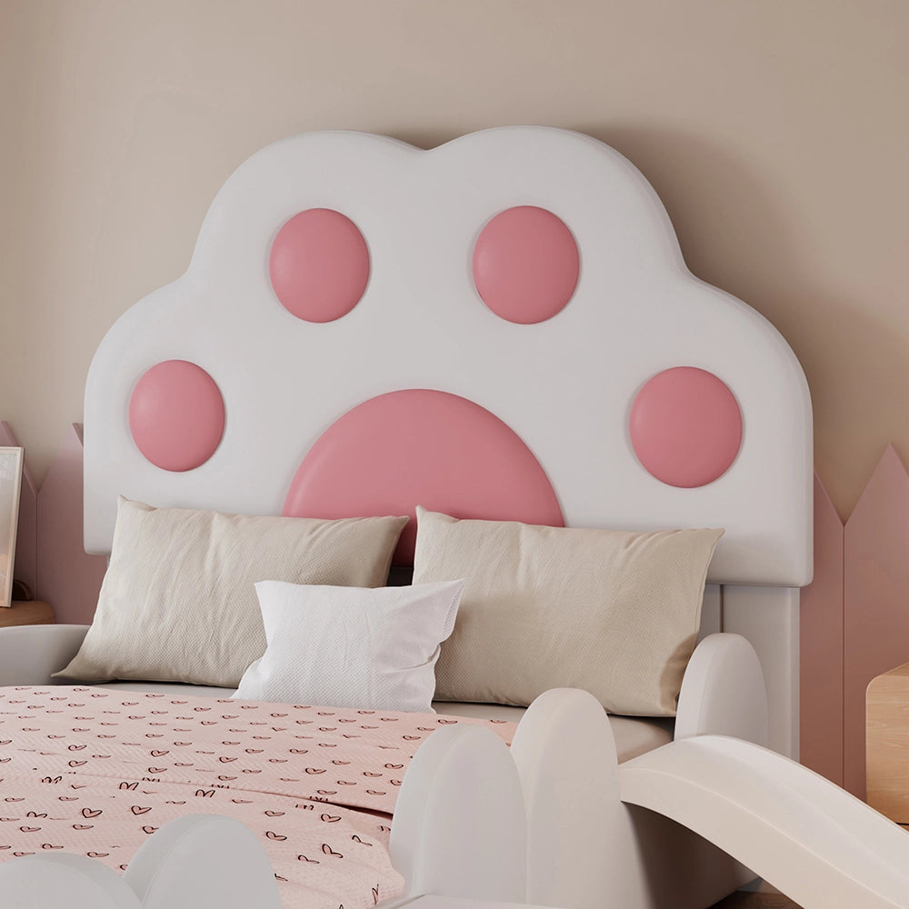 Letto bambino-Xylo-90x200 cm-testo zampa gatto, scivolo, scala, bianco+rosa