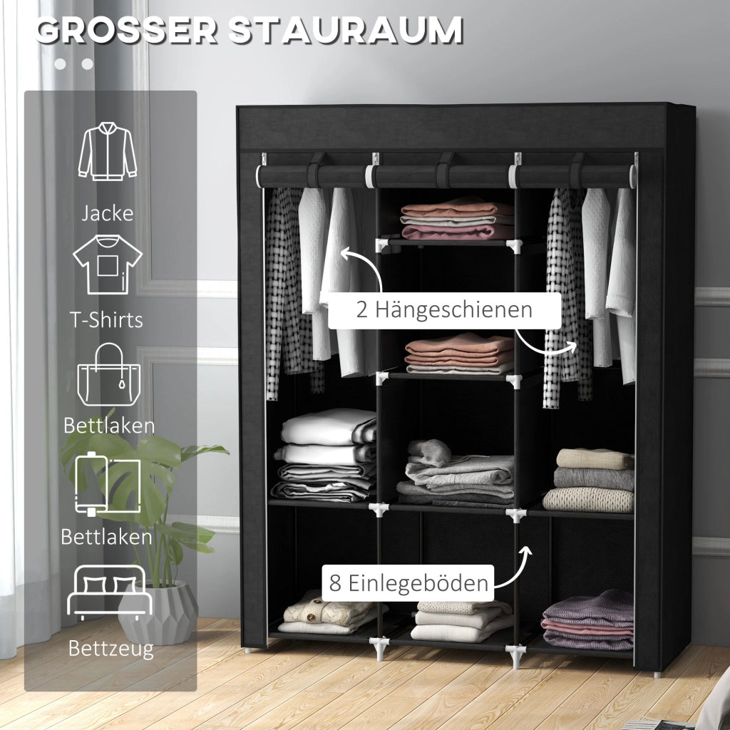 Armadio in tessuto con 2 appendiabiti e 8 ripiani, struttura in acciaio, per camera da letto, nero, 125 × 43 × 162,5 cm