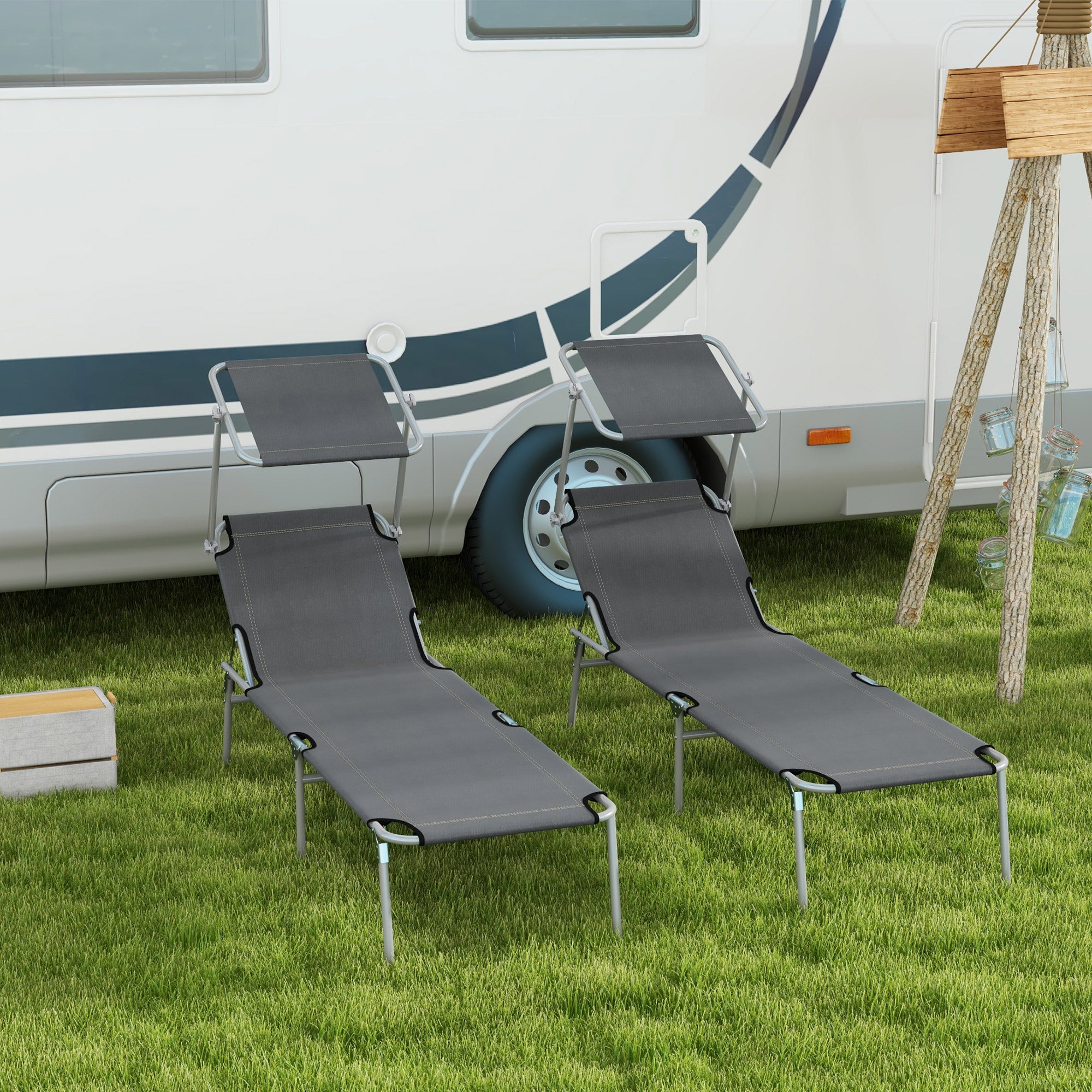 Set 2 Sdraio da Giardino 187x58x36 cm Pieghevoli con Tettuccio Regolabile in Tessuto Oxford e Metallo Grigio