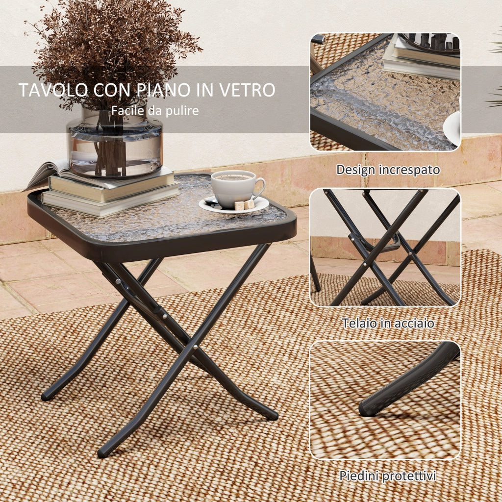 Set da Giardino con Tavolo con Piano in Vetro e 2 Sedie Pieghevoli con Schienale Regolabile, Grigio