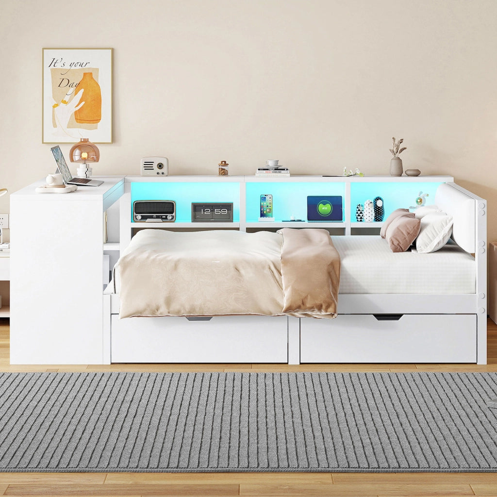 Letto per adulti 140 × 200 cm con testiera imbottita, ripiani, 2 cassetti, prese USB e LED, senza materasso, bianco