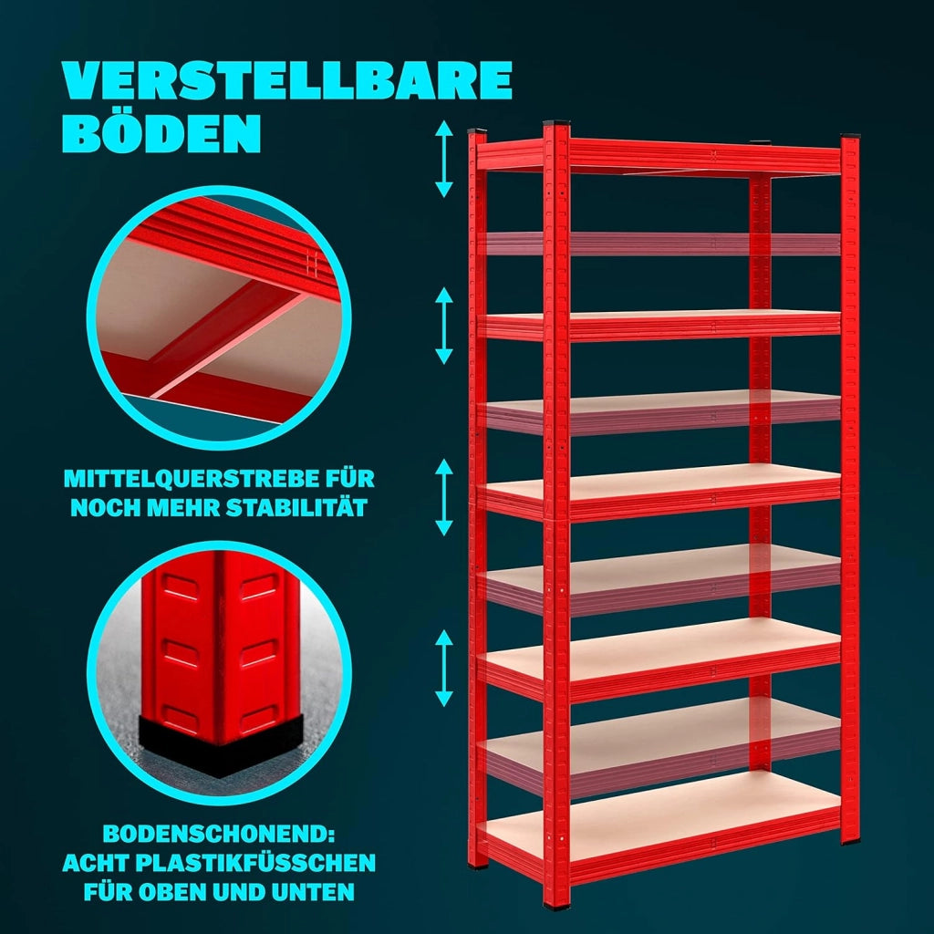 Scaffale in Metallo 2 pz 180x90x40cm 875kg Scaffalatura Officina Magazzino 5 Ripiani MDF Rosso