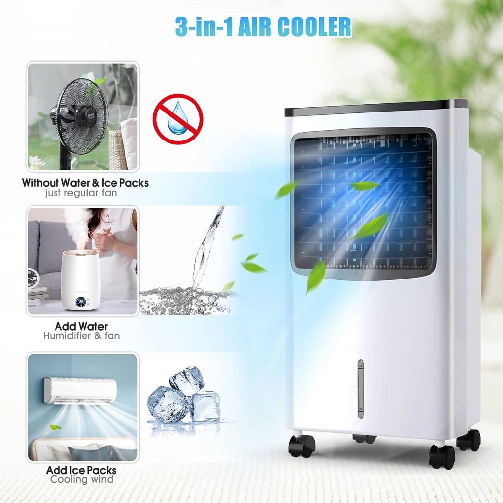 Ventilatore Senza Tubo 75W, 3 in 1 Air Cooler & Ventilatore & Umidificatore con Telecomando, 3 Velocità, Timer 7,5H, Serbatoio Acqua 8L, 38 X 28 X 74 CM, per Salone, Camera da Letto, Ufficio