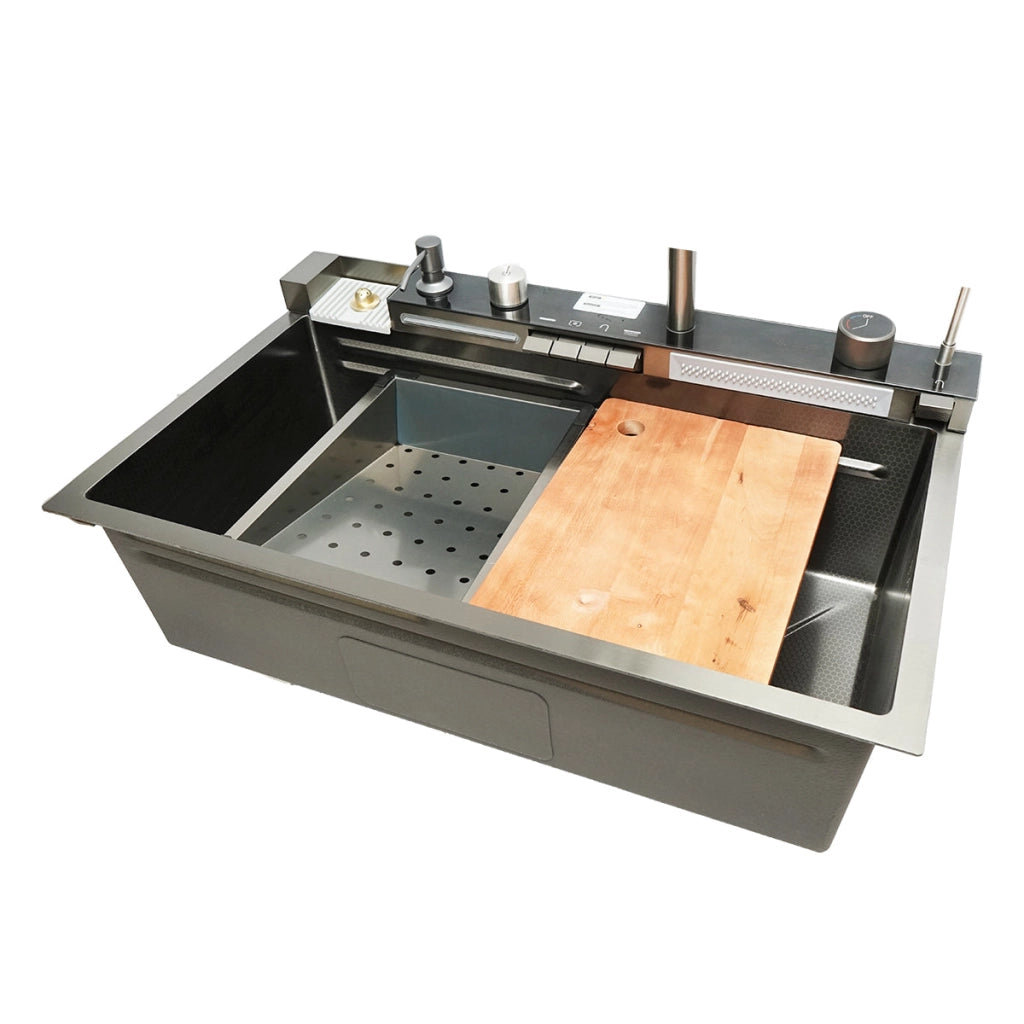 Lavello da cucina multifunzionale in acciaio inox con 2 rubinetti, display digitale della temperatura, funzione cascata, dispenser di sapone, lavapentole, scolapiatti, vassoio, tagliere e accessori di scarico inclusi, dimensioni 75×46×23,5 cm.
