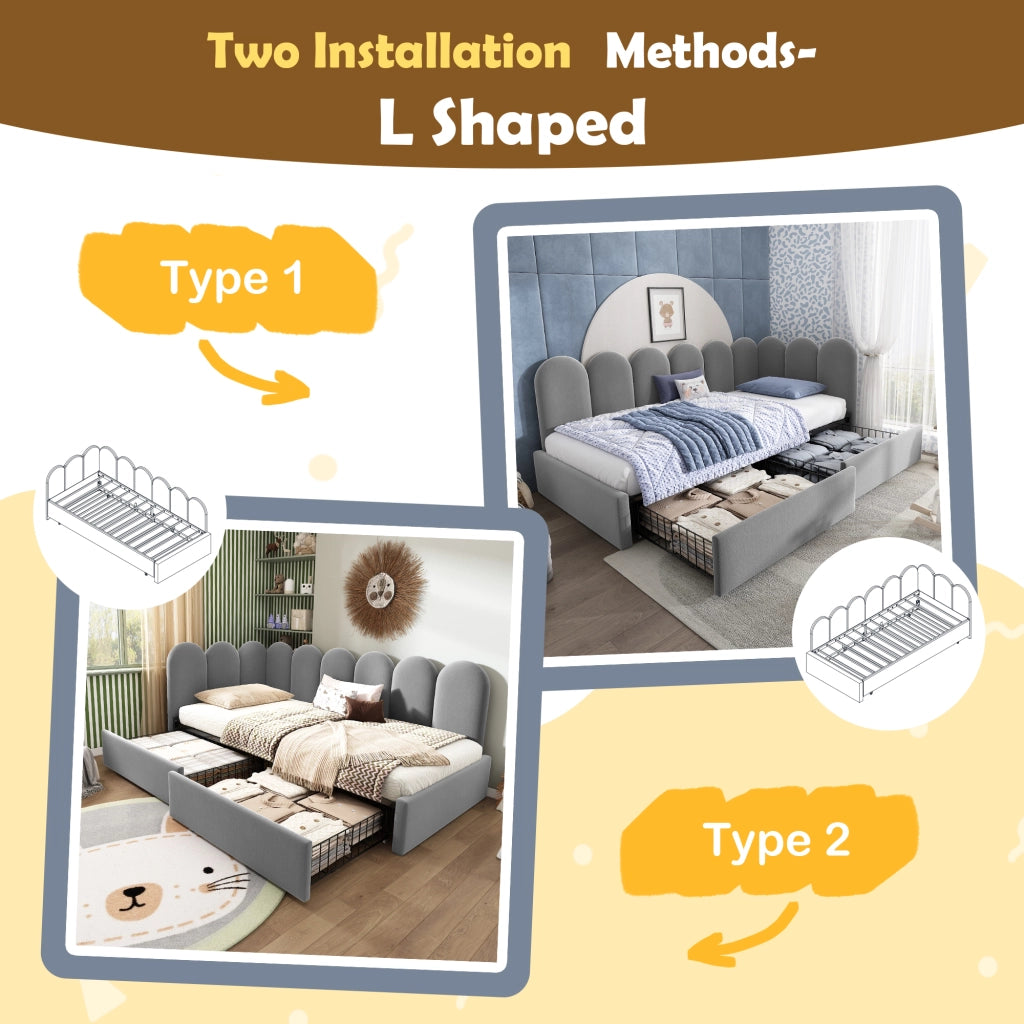 Letto a Divanetto 90x190 cm; Letto Singolo con 2 Cassetti - in Velluto - Grigio
