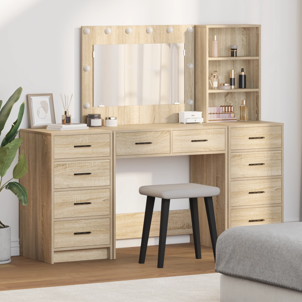 Set di Toeletta a 3 Pezzi con LED in Legno Ingegnerizzato Rovere Sonoma