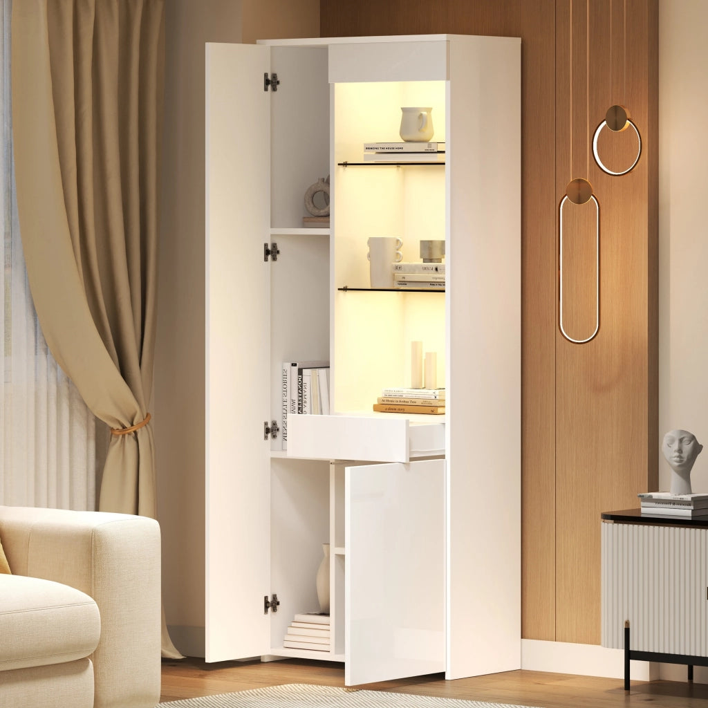Vetrina con 2 ante, 1 cassetto e vani aperti con LED per soggiorno, in truciolato e vetro, bianco, 70 × 35 × 180 cm