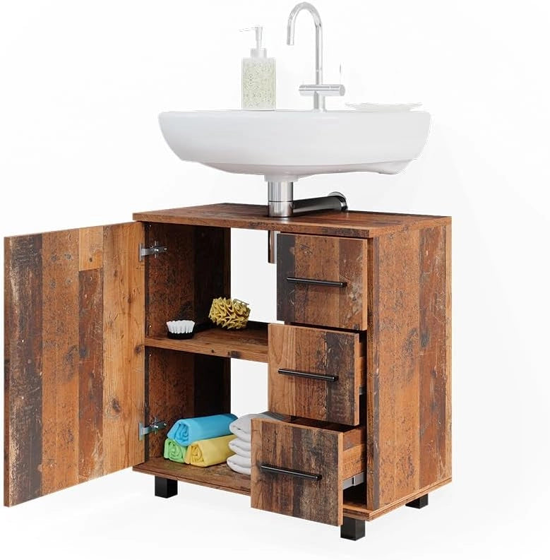 Mobile sottolavabo per bagno Ilias, Rovere rustico, 60 x 60.8 cm con anta e 3 cassetti, con intaglio per sifone per l'installazione su lavabo
