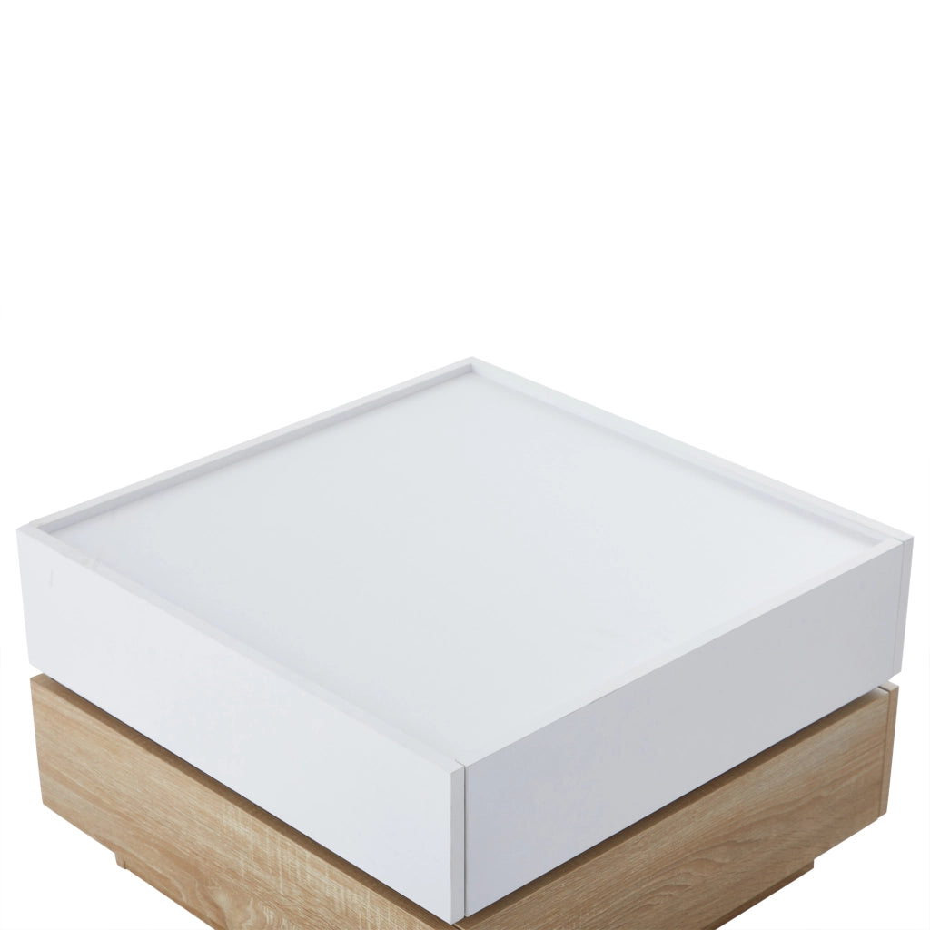 Tavolino basso girevole a 360° con 2 cassetti e piano a due livelli in truciolare bianco noce 60 × 60 × 38 cm