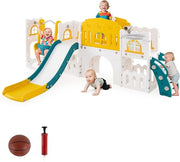 10 in 1 Parco Giochi per Bambini, Set Altalena e Scivolo con Canestro da Basket Telescopio Volante, Palestra da Gioco per Bambini 1 Anni + (Giallo)