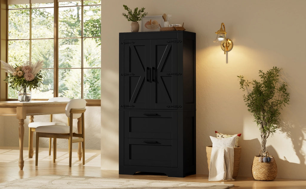 Credenza alta da cucina in stile rustico, con 2 cassetti, ripiani regolabili, struttura autoportante, colore nero