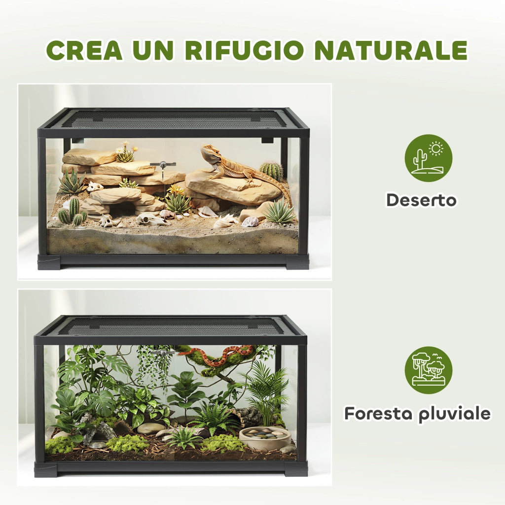 Rettilario Rialzato 60x45x32 cm con Doppia Serratura e Pareti in Vetro Nero
