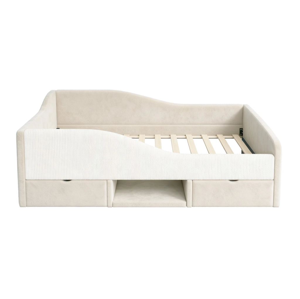 Letto per bambini 90x190 cm in velluto beige con 2 cassetti e sponde imbottite