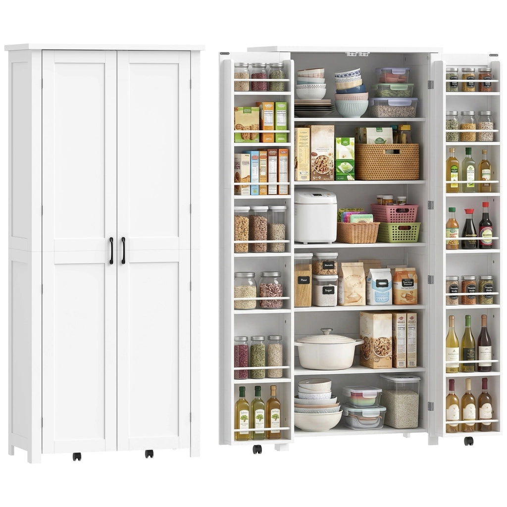 Mobile Cucina Moderno: Ruote. 2 Ante. 14 Scomparti. Colore Bianco.