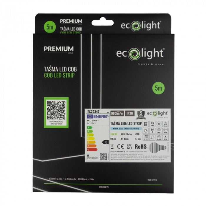 Striscia LED COB 480 9W/m 6000K 24V IP20 5m dimmerabile Ecolight