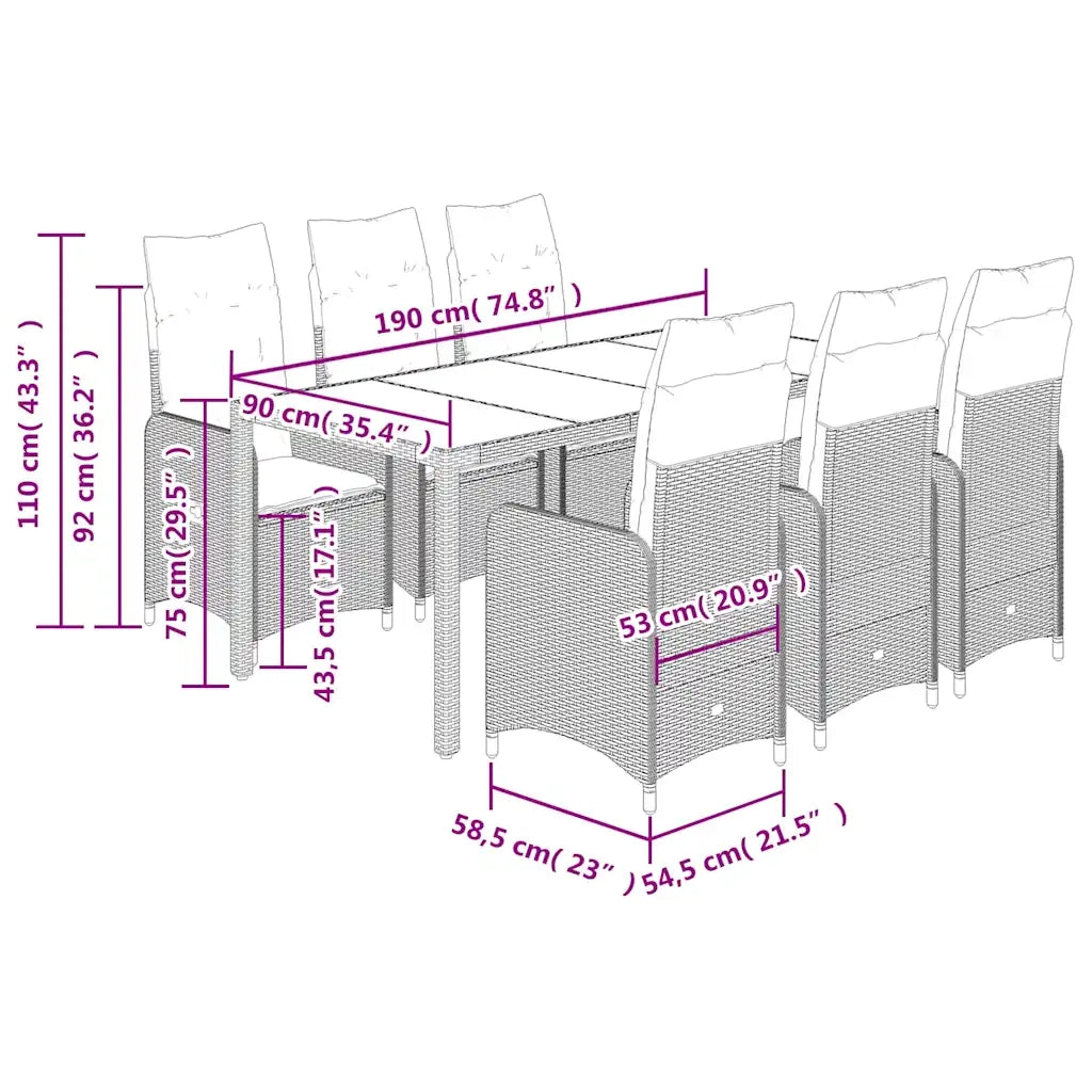 Set BistrÃ² da Giardino 7 pz con Cuscini in Polyrattan Marrone