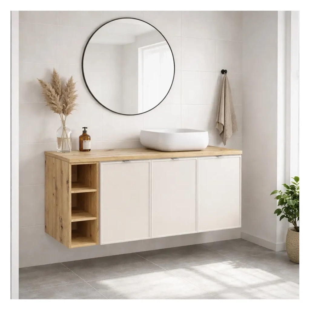 Insieme BRAZZA: mobile sottolavabo con ante 140cm con nicchie a vista + piano per lavabo + lavabo da appoggio quadrato arrotondato
