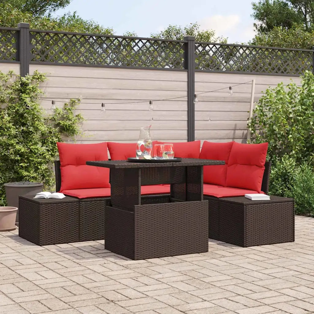 Set Divano da Giardino 6 pcs Marrone e Rosso polyrattan