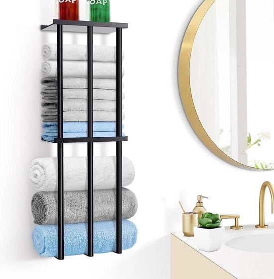 Supporto asciugamani, nero, supporto asciugamani, fissaggio a parete per bagno, asta asciugamani, supporto asciugamani ospiti, 80 cm, supporto asciugamani composto