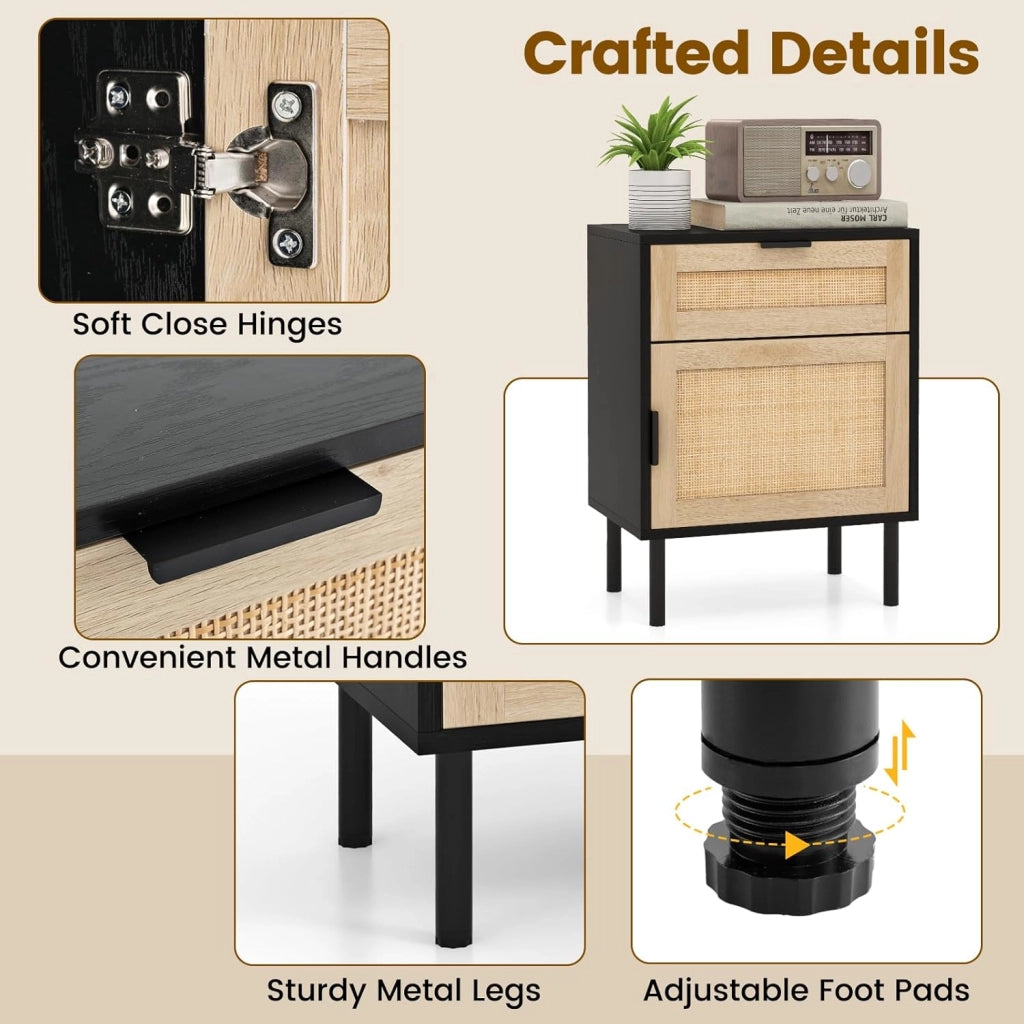 Confezione da 2 Comodini Moderni, Tavolino in Rattan con Cassetto e Armadietto, Gambe in Metallo Robusto, Tavolino di Metà Secolo per Soggiorno, Camera da Letto, Ufficio (Nero)