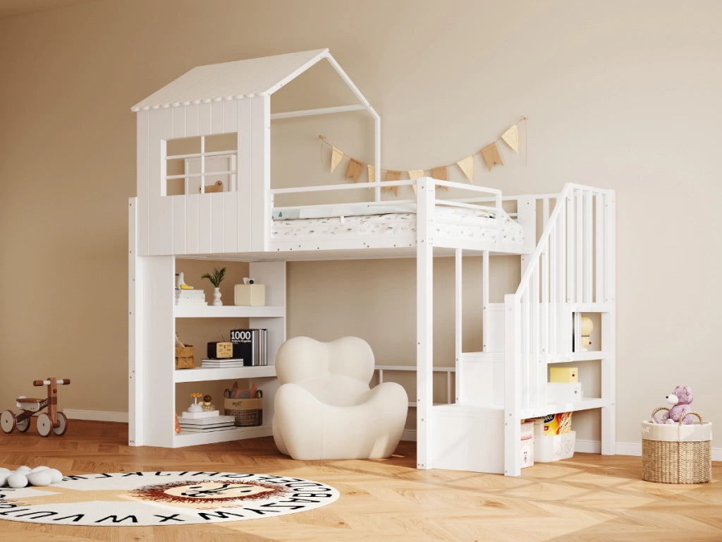 Letto a soppalco singolo 90 × 200 cm con scaletta contenitore e ripiano integrato, senza materasso, bianco