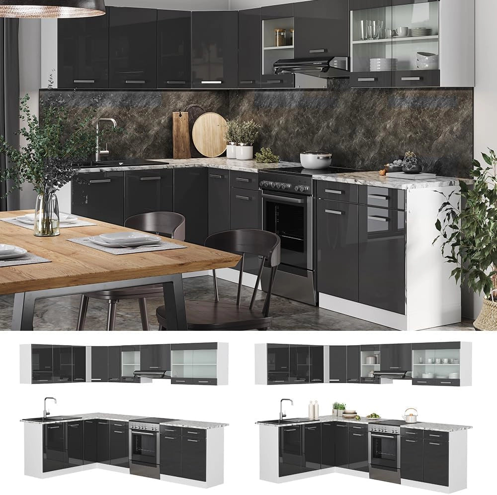 Cucina angolare completa Rick, Antracite lucido, 167 x 60 cm, PL Marmo con striscia LED