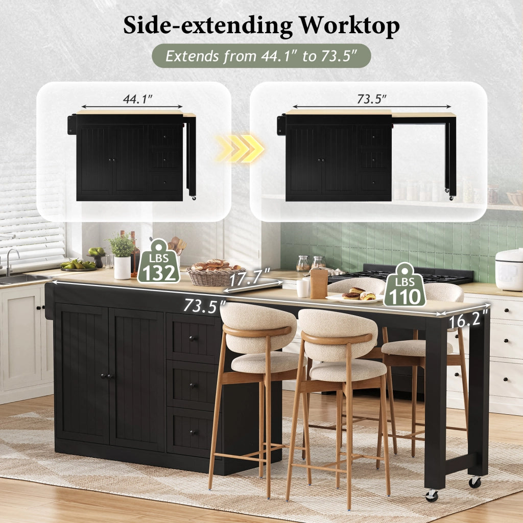 Carrello da Cucina con 3 Cassetti; Portaspezie; Piano Estensibile e Ruote; in MDF; 112-186.8 x 45 x 93 cm; Nero