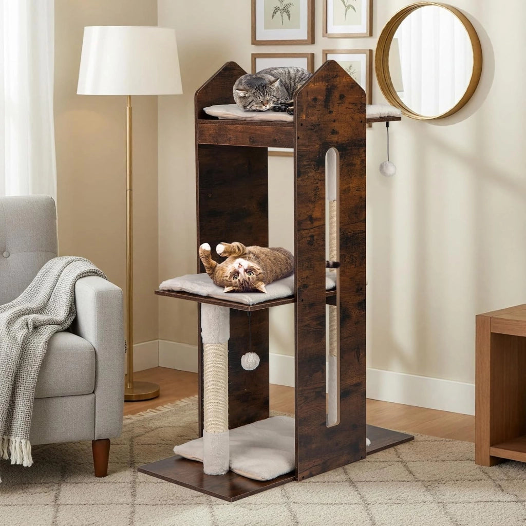 Albero per Gatti Alto 120 cm, Tiragraffi per Gattini in Legno con Posti Graffianti in Sisal, Palline Pendenti, Cuscini Morbidi e Piazzola, Tiragraffi Gatto per Arrampicata
