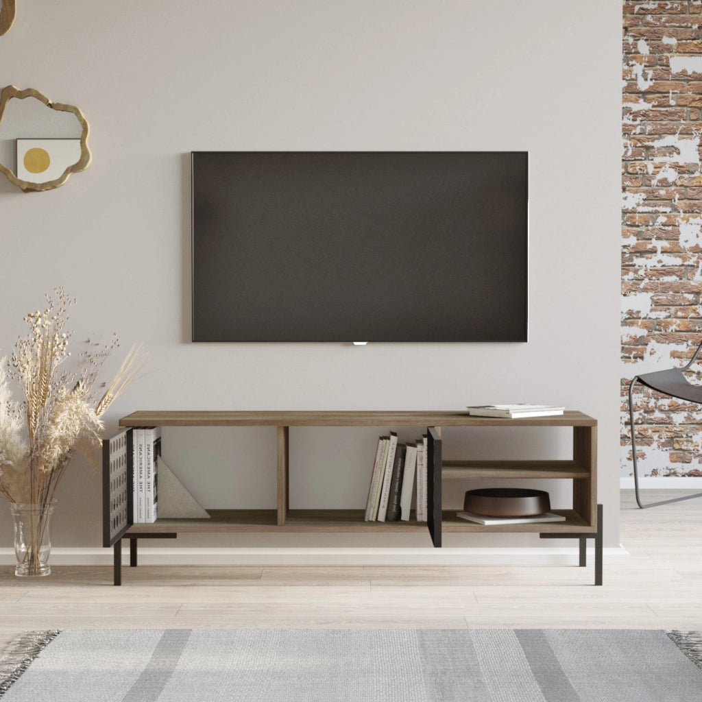 Mobile Basso 'Lemi' con Armadietto e Scomparti - Sportelli e Gambe in Metallo - Effetto Rovere Grigio [en.casa]