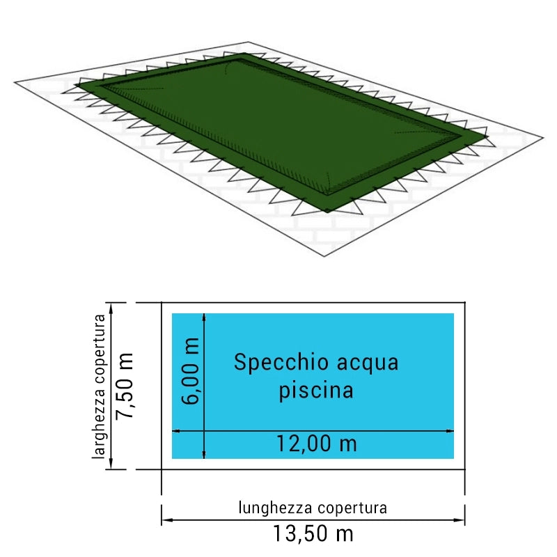 Copertura 13,50 X 7,50 M Invernale 210 Gr/m² Per Piscina 12,00 X 6,00 M Con Occhielli E Corda Elastica Dimensione piscina: 12.00 X 6.00 m