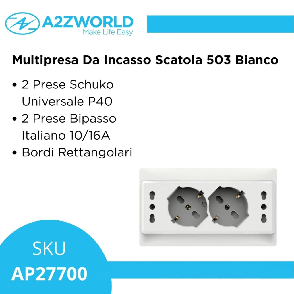 Multipresa Da Incasso Scatola 503 Bianco Lucido, 2 Prese Schuko Universale P40 + 2 Prese Bipasso Italiano 10/16A, 140X80X23mm