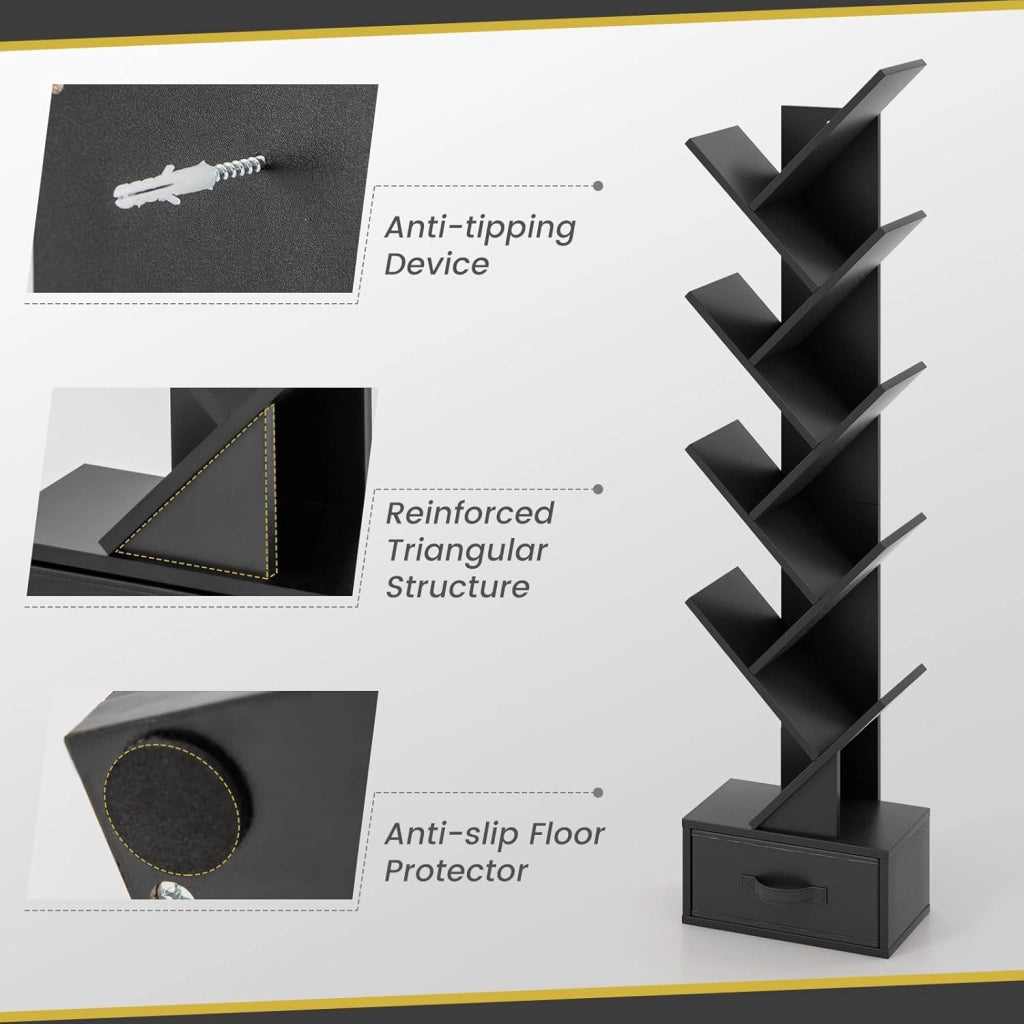 Libreria ad Albero, a 8 Ripiani, Scaffale per Libri con Cassetto Rimovibile, Design di Antiribaltamento, Organizzazione per CD, Riviste, Libri, 38x20x149,5 cm, 4 Colori (Nero)