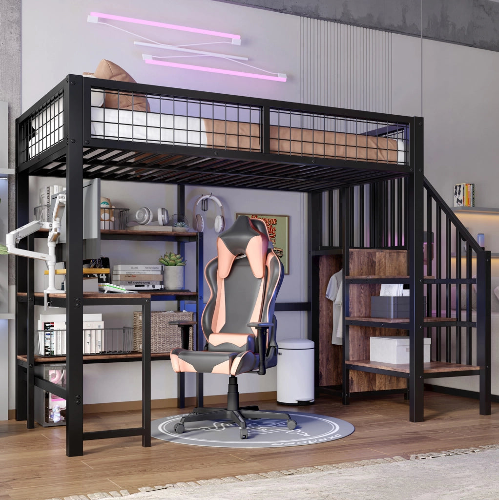 Letto a soppalco 90x200 cm con scrivania; scaffali e armadio in MDF e metallo nero e marrone