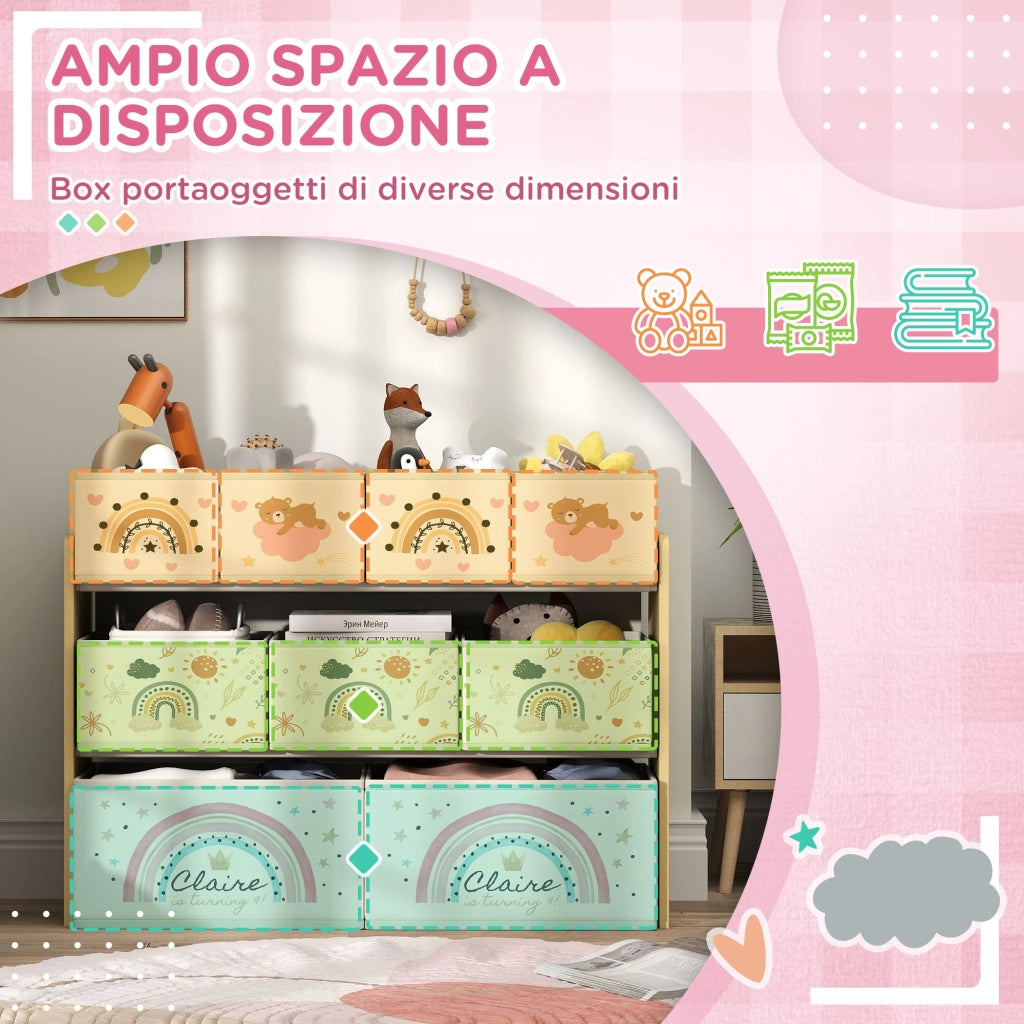 Mobile Portagiochi per Bambini a 3 Livelli 93x30x70 cm con 9 Contenitori in Tessuto Giallo