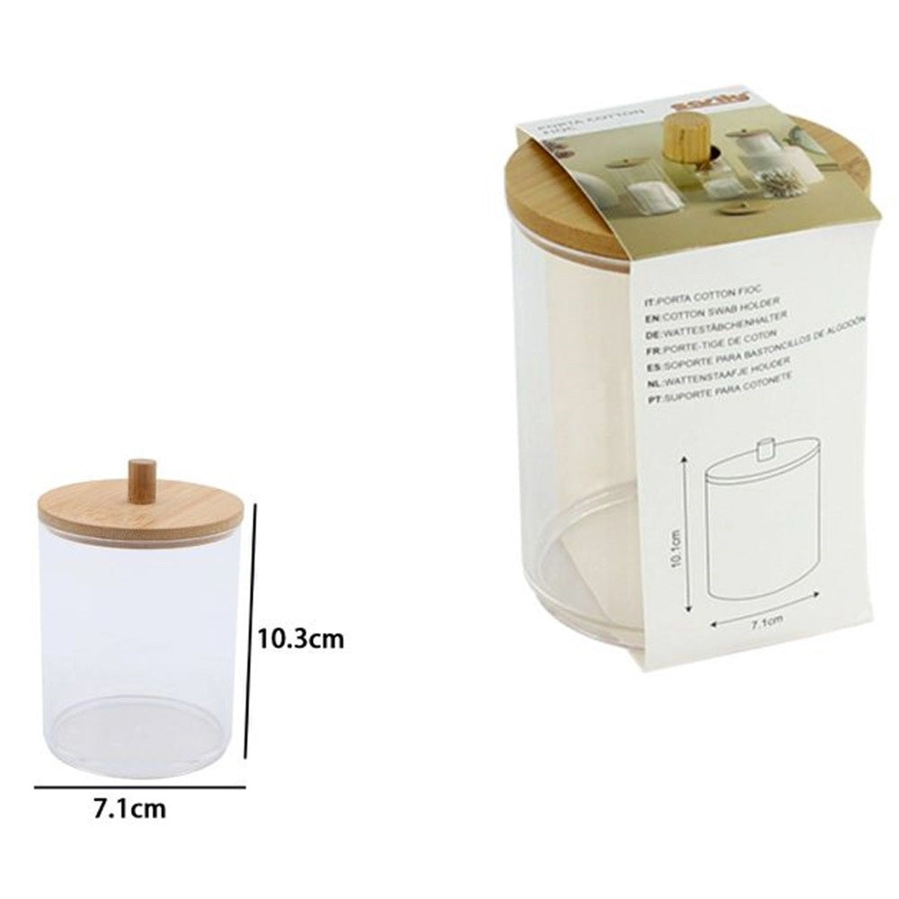 Trade Shop - Contenitore Porta Cotton Fioc Organizer Trasparente Con Coperchio In Legno 7.1x10.3cm 10821 -