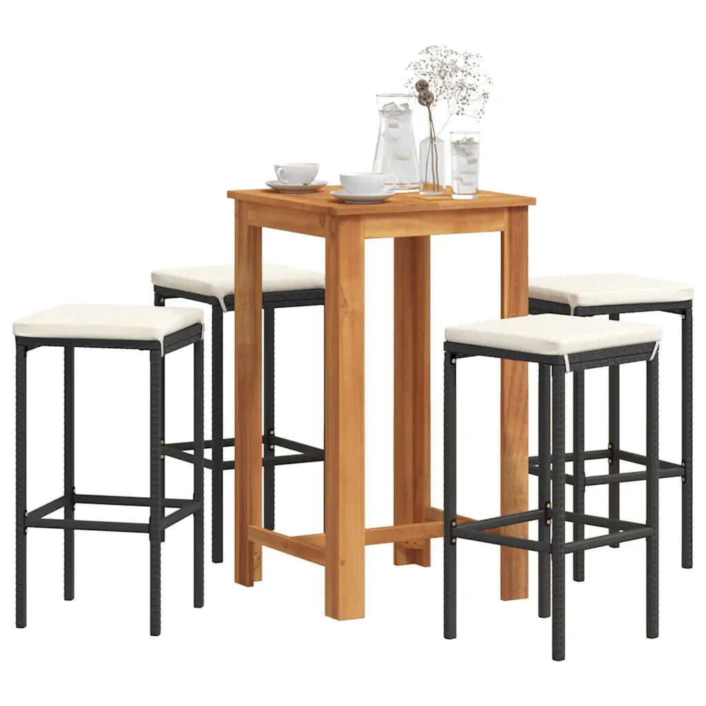 Set Bar da Giardino 5 pz | Set Salotto da Giardino Nero in Legno Acacia e Polyrattan