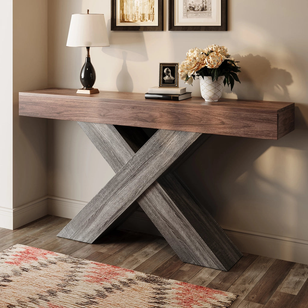 Consolle stretta con supporto a x, piano effetto legno e struttura in truciolare, noce, 140 × 30 × 80 cm